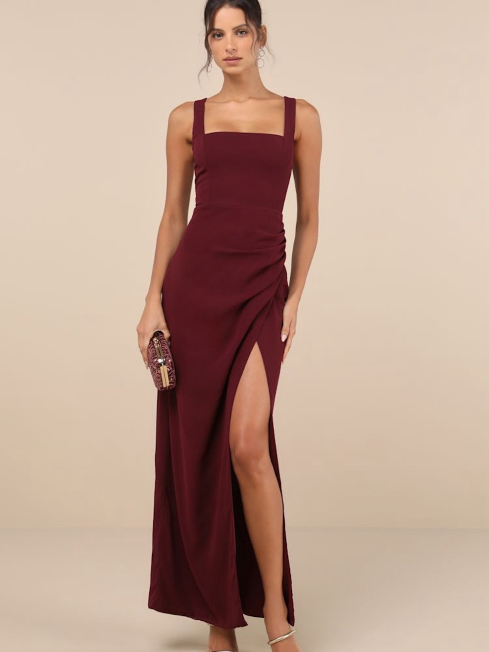 Lulus Burgundy Wine Square Neck Glamorous Disposition Ruched Maxi Dress Small
